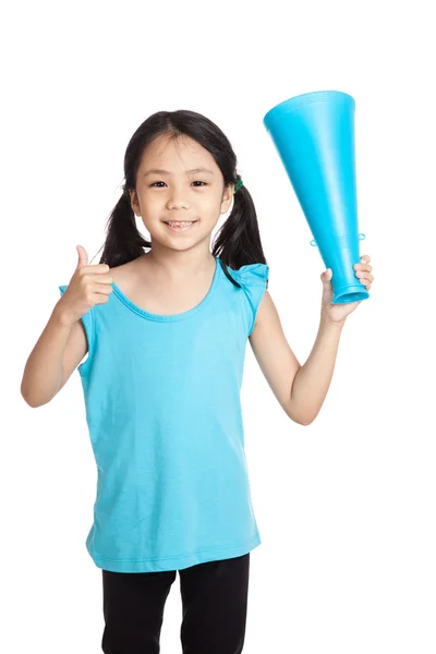 Mała dziewczynka azjatyckich kciuki z megafon — Zdjęcie stockowe