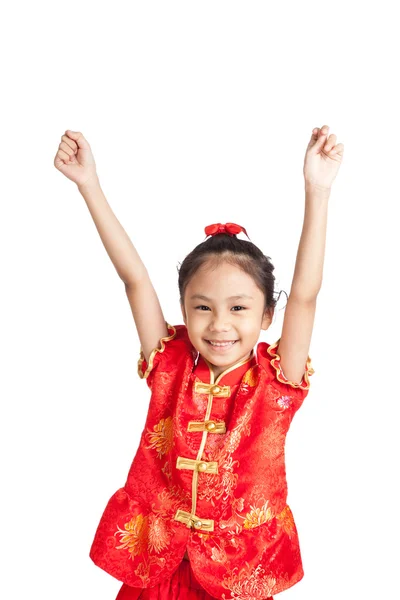 Asian girl in chinese cheongsam dress put her hands up — Stock Photo, Image