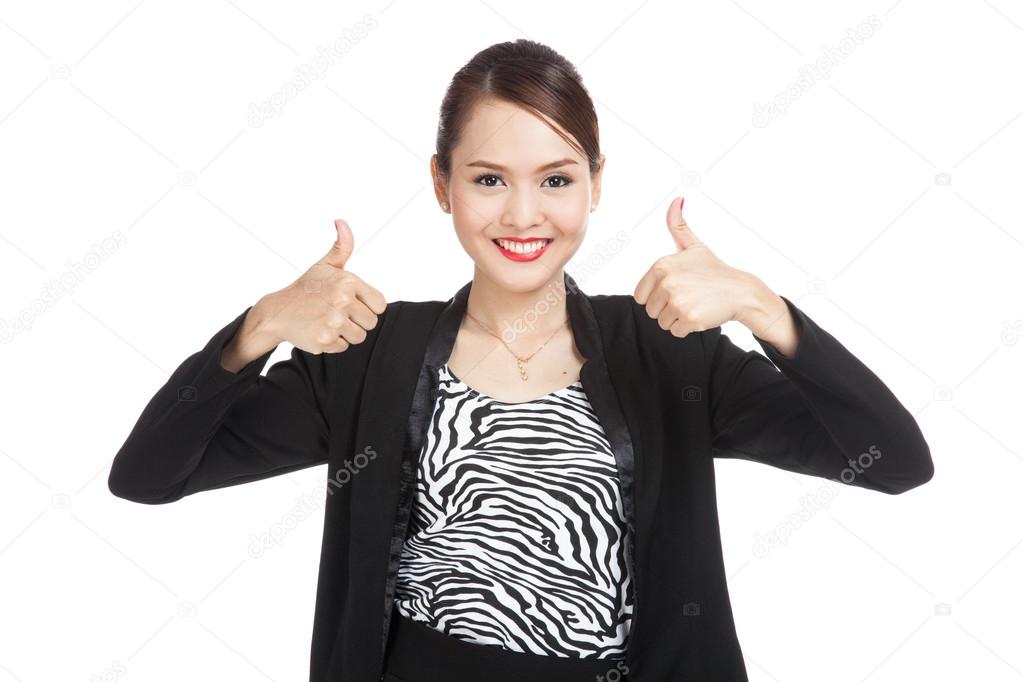 Young Asian business woman show two thumbs up