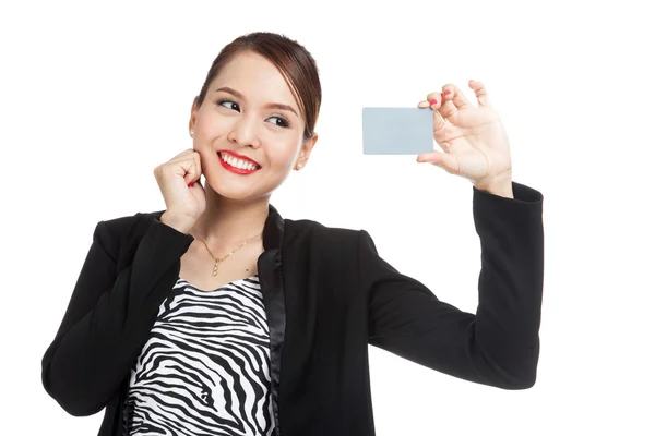 Happy young Asian business woman with a blank card — Stock Photo, Image