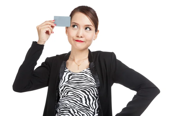 Young Asian business woman think with a blank card — Stock Photo, Image