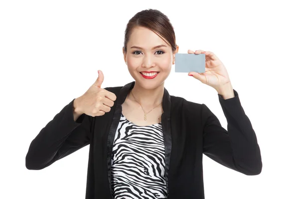 Junge asiatische Geschäftsfrau Daumen nach oben mit einem leeren Karte lizenzfreie Stockfotos