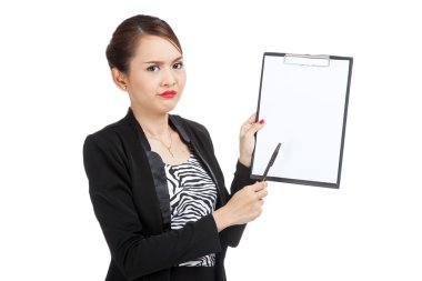 Mutsuz Asya iş kadın kalem ile panoya gelin