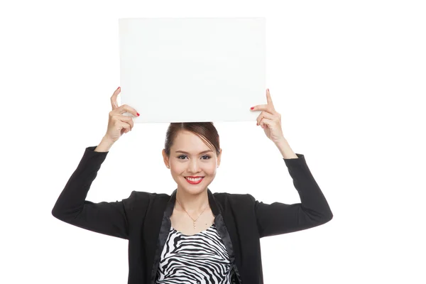 Jovem mulher de negócios asiática com sinal em branco — Fotografia de Stock