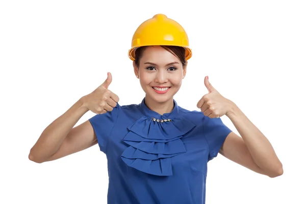 Asian engineer woman thumbs up with both hands — Stock Photo, Image