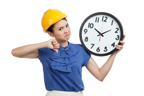 Asiatico ingegnere donna pollice giù con un orologio — Foto Stock