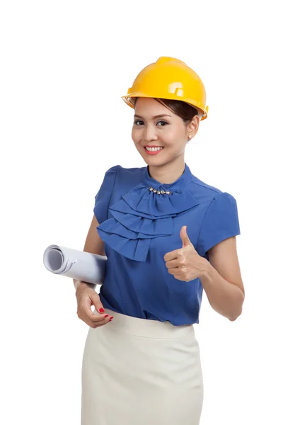 Asian engineer woman with blueprints show thumbs up — Stock Photo, Image