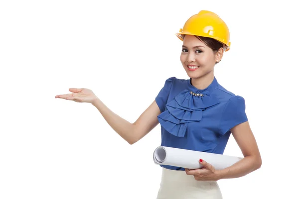 Asian engineer woman with blueprints show her palm hand — Stock Photo, Image