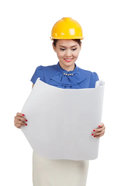 Asian engineer woman with blueprints — Stock Photo, Image