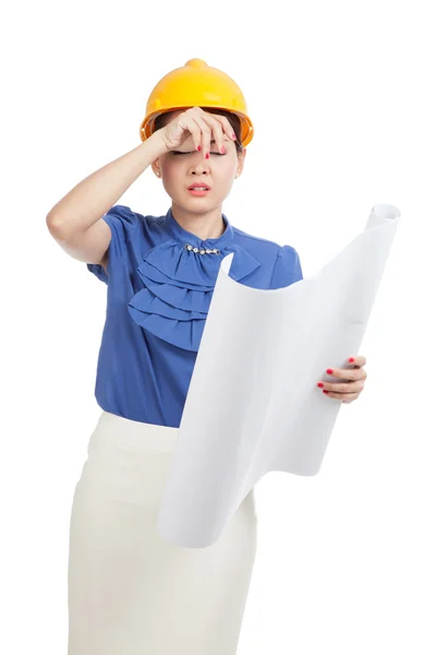 Tried Asian engineer woman with blueprints — Stock Photo, Image