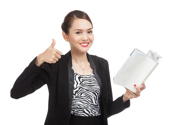 Giovane asiatico business donna pollice su con un libro — Foto Stock