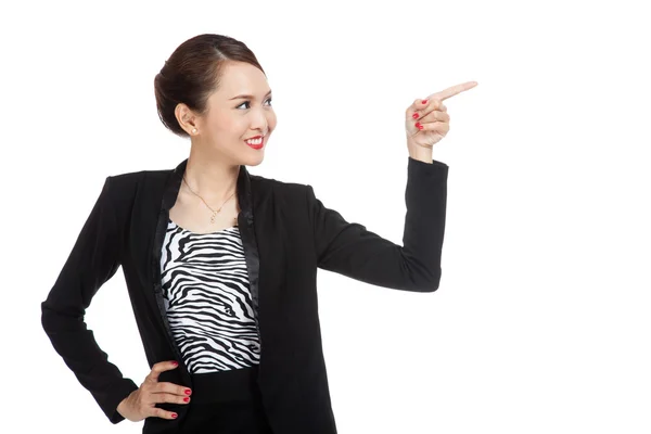 Young Asian business woman smile and point — Stock Photo, Image