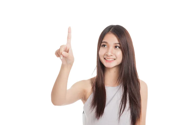 Güzel genç Asyalı kadın onun parmak dokunmatik bir ekran kullanın — Stok fotoğraf