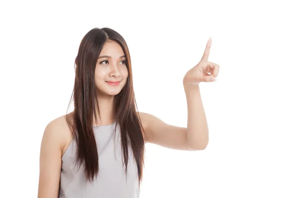 Mooie jonge Aziatische vrouw haar vinger-aanraking een scherm gebruiken — Stockfoto