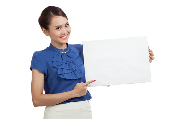 Young Asian woman point to a  blank sign — Stock Photo, Image