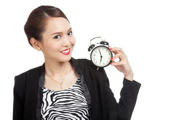 Young Asian business woman smile with a clock — Stock Photo, Image
