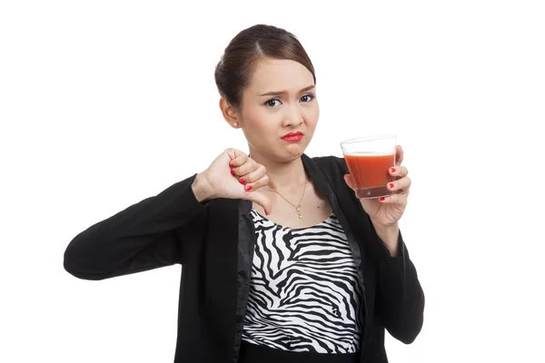 Asiática mujer thumbs abajo odio tomate jugo — Foto de Stock