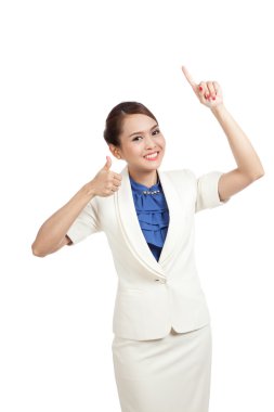 Genç Asya iş kadın noktası ve başparmak yukarıya