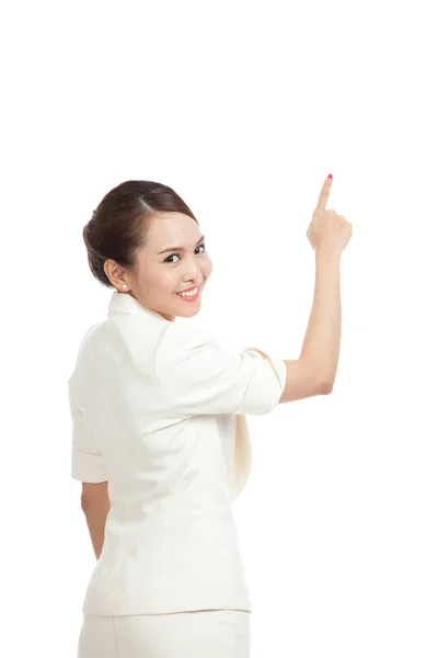 Dos de femme d'affaires asiatique toucher l'écran avec son doigt — Photo