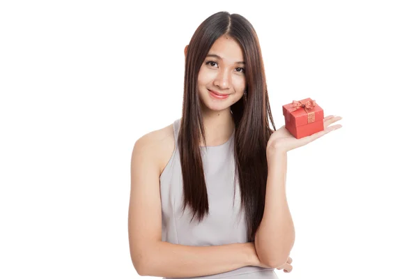 Beautiful young Asian woman with red gift box — Stock Photo, Image