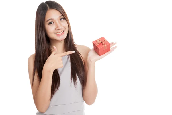 Beautiful young Asian woman with red gift box — Stock Photo, Image