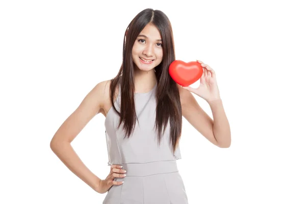 Beautiful young Asian woman smile  with red heart — Stock Photo, Image