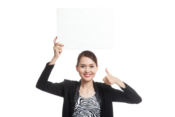 Jonge Aziatische zakenvrouw Toon duimen omhoog met witte leeg bord — Stockfoto