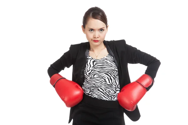 Young Asian business woman with red boxing gloves — Stock Photo, Image