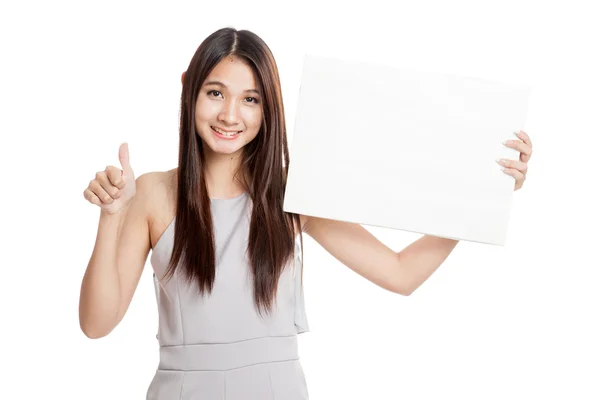Hermosa joven asiática mujer pulgares arriba con signo en blanco —  Fotos de Stock