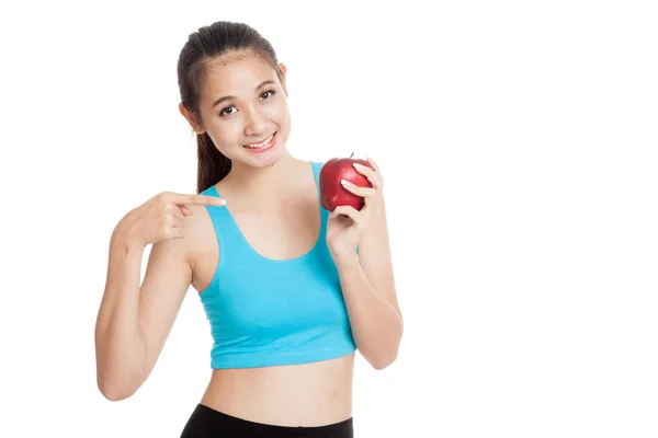 Beautiful Asian healthy girl point to red apple — Stock Photo, Image