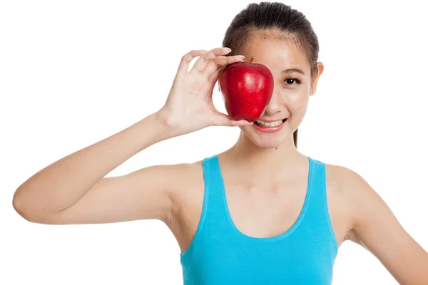 Hermosa chica sana asiática con manzana roja — Foto de Stock