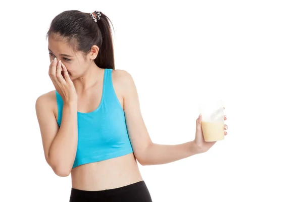 Bella asiatica sana ragazza odio proteine del siero di latte — Foto Stock