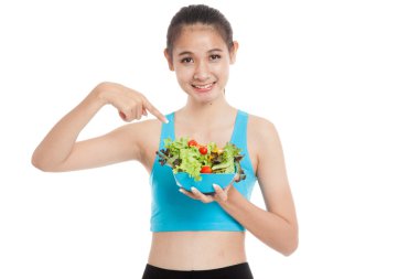 Salata noktasına güzel Asyalı sağlıklı kız