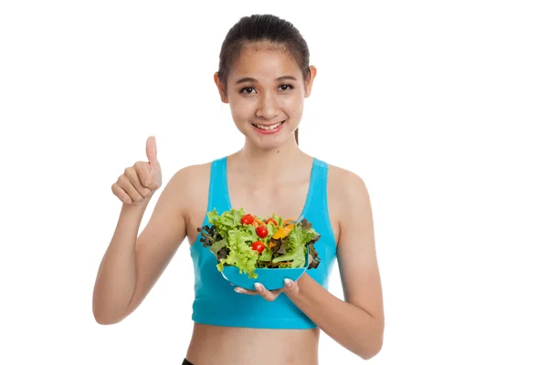 Bella asiatica sana ragazza pollice in su con insalata — Foto Stock