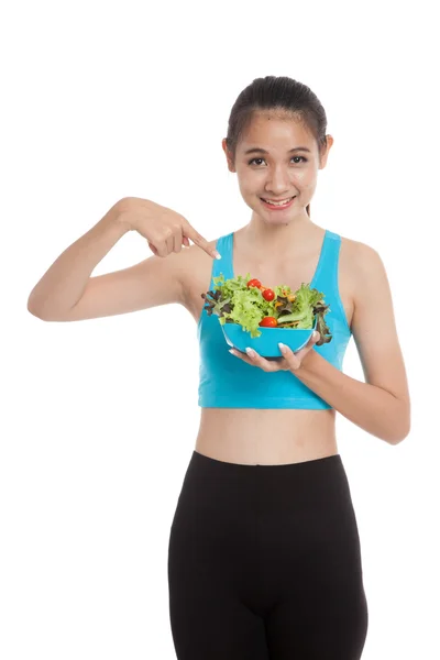 Beautiful Asian healthy girl point to salad — Stock Photo, Image