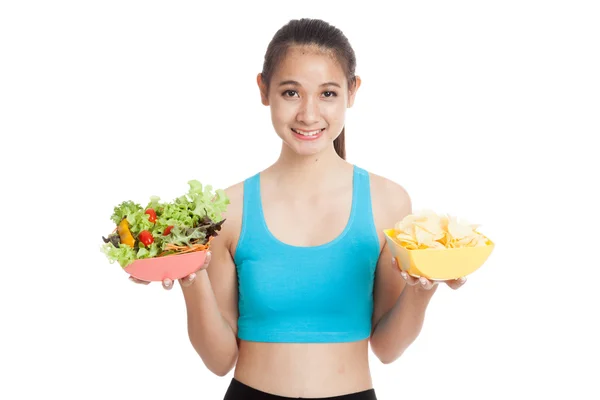 Beautiful Asian healthy girl salad and potato chips — Stock Photo, Image
