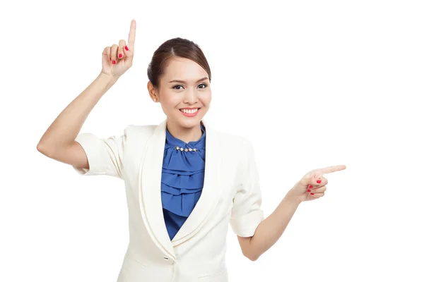 Young Asian business woman point with two hands — Stock Photo, Image