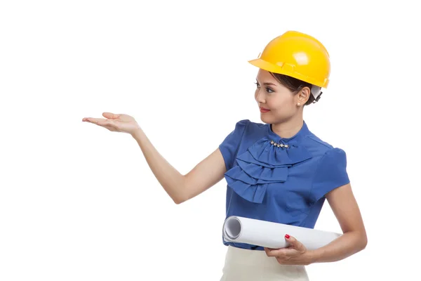 Asian engineer woman with blueprints show her palm hand — Stock Photo, Image