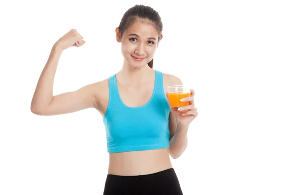 Bi를 flexing 오렌지 주스를 마시는 아름 다운 아시아 건강 한 소녀 — 스톡 사진