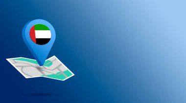 3D haritada Birleşik Arap Emirlikleri bayrağı olan konum simgesi. GPS işaretleri. Şehir merkezi, ülke haritası. Ülke bayraklı GPS 'ler.