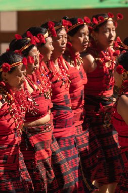 4 Aralık 2016 'da Hindistan' ın Nagaland kentindeki Kisama köyünde geleneksel etnik kıyafetlerini giyen Naga 'lı kadınlar boynuz faturası festivalinde dans ediyorlar.