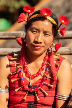 4 Aralık 2016 tarihinde Hindistan 'da Kohima Nagaland' da geleneksel kabile kıyafeti giymiş bir Naga kabilesinin portresi