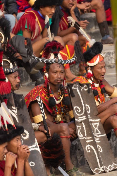 Naga Tribesman Siting Dressed Traditional Warrior Attire Kisama Village Nagaland — Stok fotoğraf