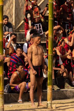 Young tribal men of Nagaland climbing bamboo poles in a competition during Hornbill festival in Kasama Village in Nagaland India on 3 December 2016