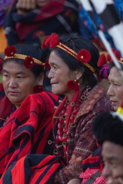 4 Aralık 2016 'da Hindistan' da Kohima Nagaland 'da kabile kıyafeti giymiş güzel bir Naga kabilesinin seçici odak portresi