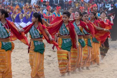 Traditional Naga dance being performed by womenfolk in Kisama heritage village in Nagaland India during hornbill festival on 2 December 2016 clipart