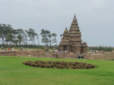 Mahabalipuram Chennai Hindistan 'da deniz kıyısında bulunan çimen ve ağaçlarla ünlü Shore Temple 25 Aralık 2008' de tıkladı.