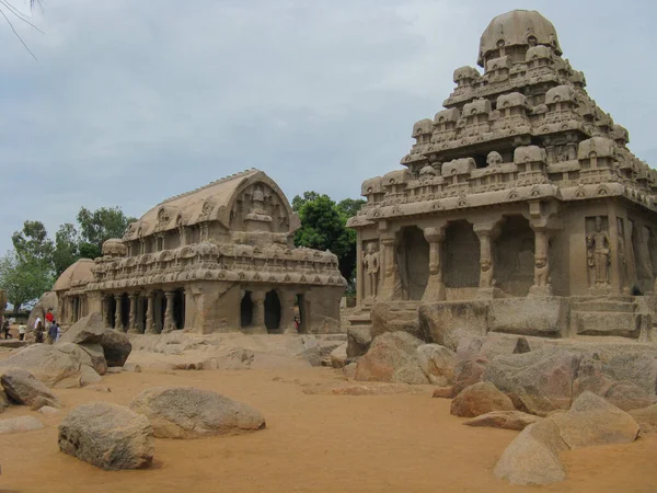 Forntida Soltempel Med Sina Salpeterristningar Sten Ligger Vid Mahabalipuram Nära — Stockfoto