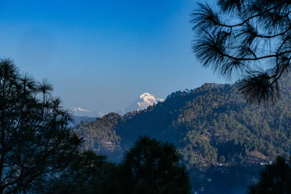 Uma Vista Pico Montanha Trisul Cordilheira Himalaia Emoldurada Com Pinheiros — Fotografia de Stock