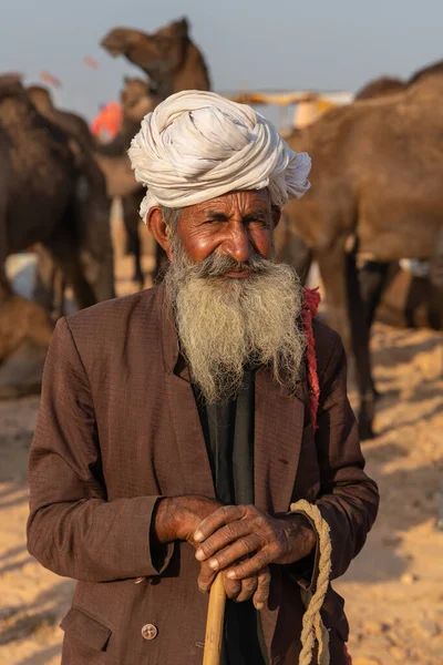 Ritratto Vecchio Indiano Con Turbante Lunga Barba Grigia Pushkar Rajasthan — Foto Stock